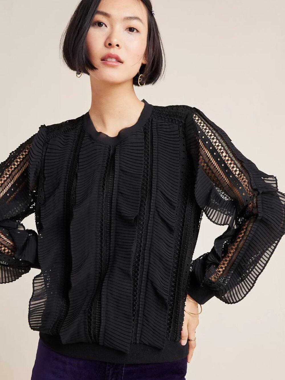 NWT Augusta Ruffle-Sleeved Black Lace Blouse Daniel Rainn Antropologie xs